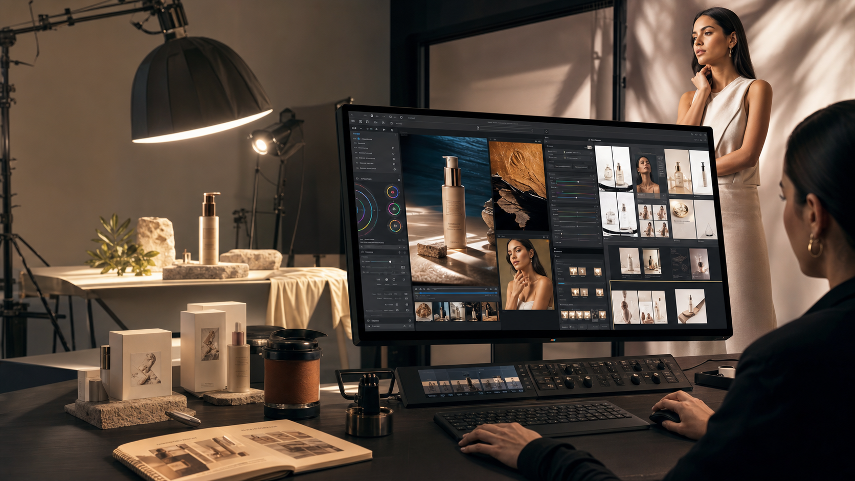 Estudio creativo con fotografía de producto, modelaje y edición asistida por inteligencia artificial